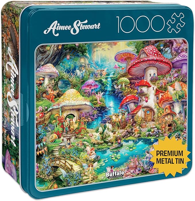 Buffalo Games - Merry Mushroom Village Picnic - Aimee Stewart - 1000 Piece Jigsaw Puzzle in Premium Collector’s Tin - Fun Challenge for Adults & Families