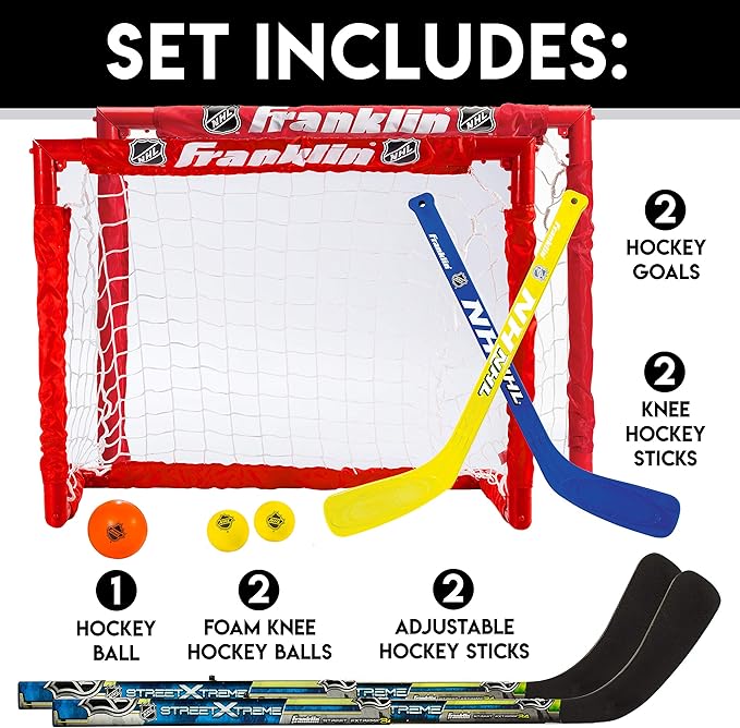Franklin Sports - NHL Kids Folding Hockey Goals Set - (2) Street Hockey & Knee Hockey Goals - (2) Adjustable Youth Hockey Sticks, (2) Knee Hockey Sticks, (2) Mini Hockey Balls + (1) Street Hockey Ball