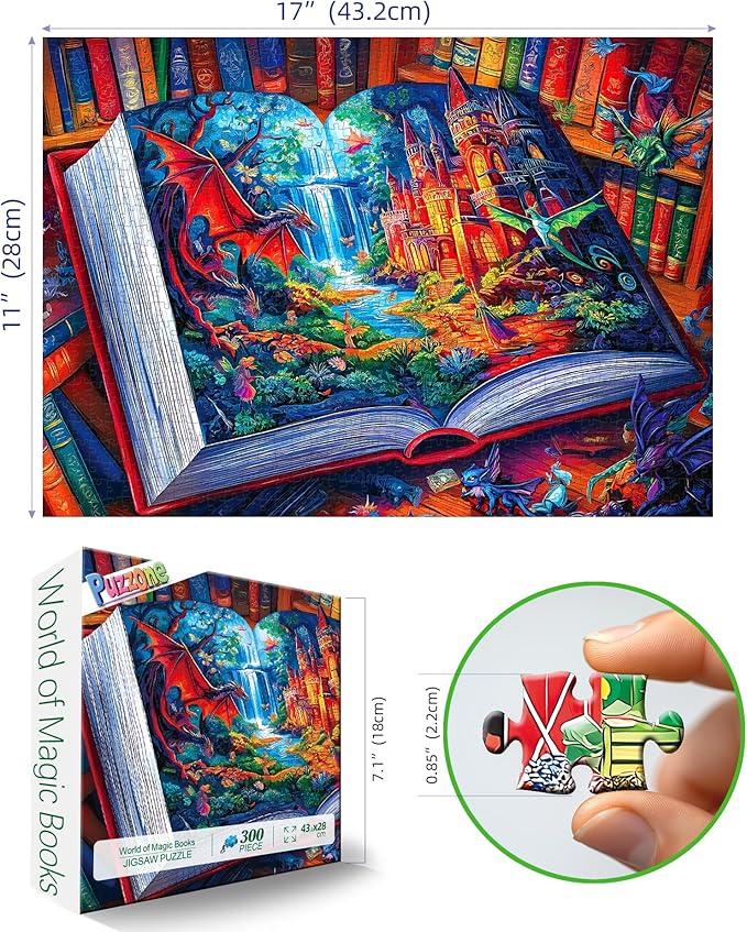 300 Piece Puzzle for Adults Fantasy Dragon Library Jigsaw Puzzle Magical Book Art with Dragon, Castle & WaterfallBook Inside Colorful Fairy Tale World Adult Puzzles for Family & Seniors