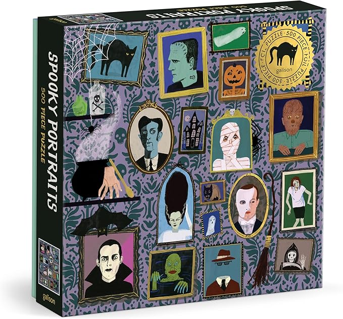 Galison Spooky Portraits – 500 Piece Foil Jigsaw Puzzle Featuring Scary Artwork of A Victorian Style Wall Filled Spooky Portraits with Gold Foil Accents