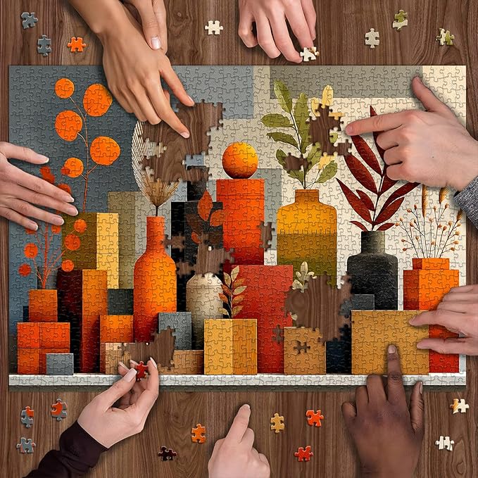 Flower Puzzles for Adults 1000 Pieces, Orange Whisper Art Puzzle, Modern Plant Floral Vase Puzzle in Warm Autumn Tones, Aesthetic Challenge Jigsaw Puzzle
