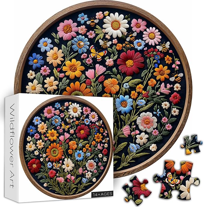 Vintage Wildflower Puzzles for Adults 1000 Pieces, Round Butterfly Bee Plant Puzzle Nature Art, Circle Pretty Flower Garden Jigsaw Puzzle, Retro Aesthetic Floral Puzzle