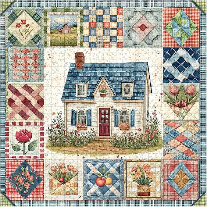 Patchwork Puzzles for Adults 1000 Pieces, PICKFORU Vintage Collage Puzzles House, Retro Spring Flower Pattern Puzzle as Wall Decor