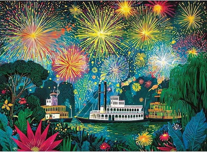 300 Piece Puzzle for Adults, Fireworks Celebration Jigsaw Puzzles, Blossoming Florals and Boats 300 Piece Adult Puzzle with Letters on Back Premium Cardboard Puzzle, Gift for Family, 20.5×15 in