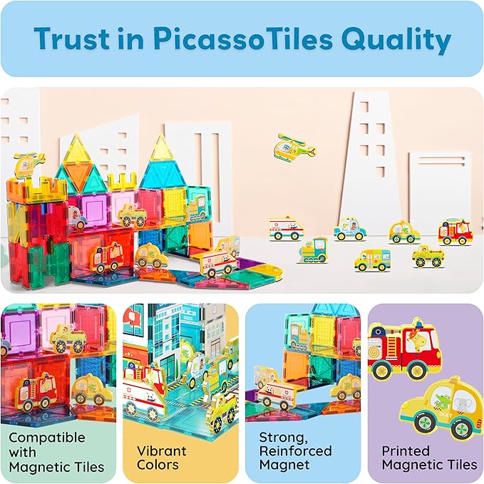 PicassoTiles 8pc Metro City Vehicle Magnet Building Block Set with Magnetized Action Figures Compatible with Magnetic Tile Kits STEAM Educational Construction Playset for Boys Girls Age 3 Plus PTA24