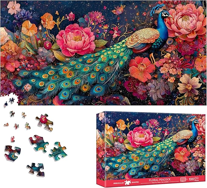 Bimkole Peacock Puzzles for Adults 1000 Pieces, Flower Paper Jigsaw Puzzle 1000 Pieces - Fun and Challenging Family Decoration Puzzle Great Gift Idea, Finished Size is 31.5 x 16.14 in