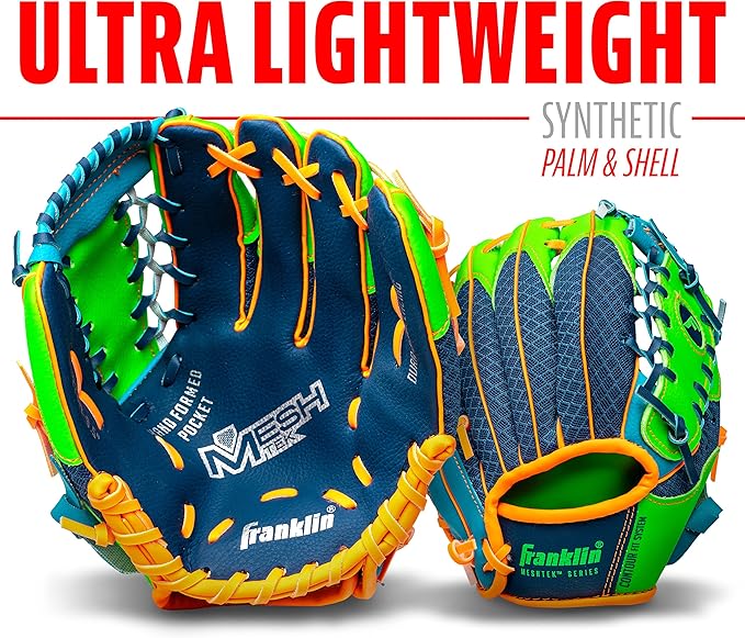 Franklin Sports Kids Baseball Glove + Foam Ball Sets - Meshtek Youth Teeball Gloves for Kids + Toddlers - Left + Right Hand Throw - 9.5" Inch