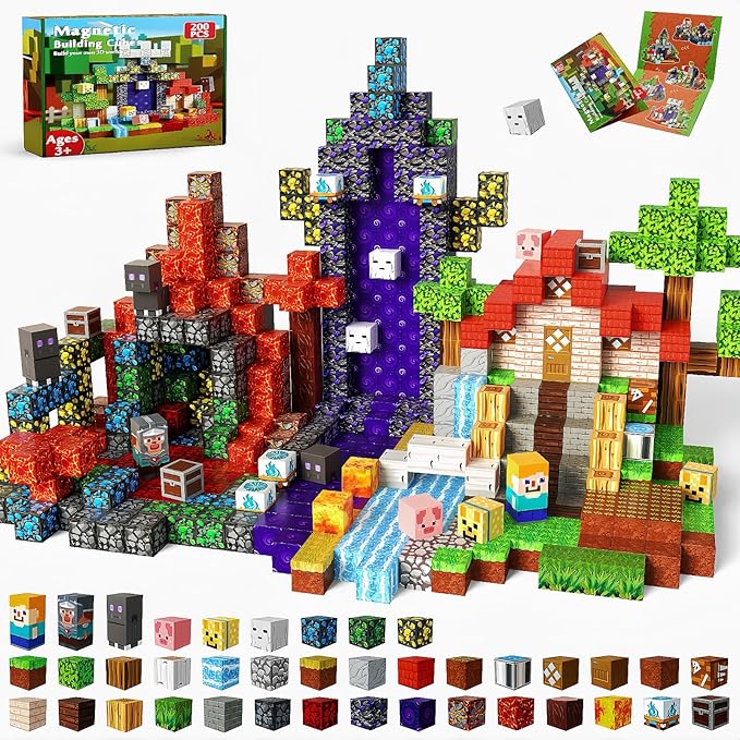 Magnetic Blocks - 200PCS Magnetic Blocks for Kids Ages 4 5 6 7 8 9, Magnetic Building Blocks Cubes, Montessori STEM Learning Toy Ages 3-8, Stacking Magnets, Birthday Gifts for Boys & Girls Ages 3+