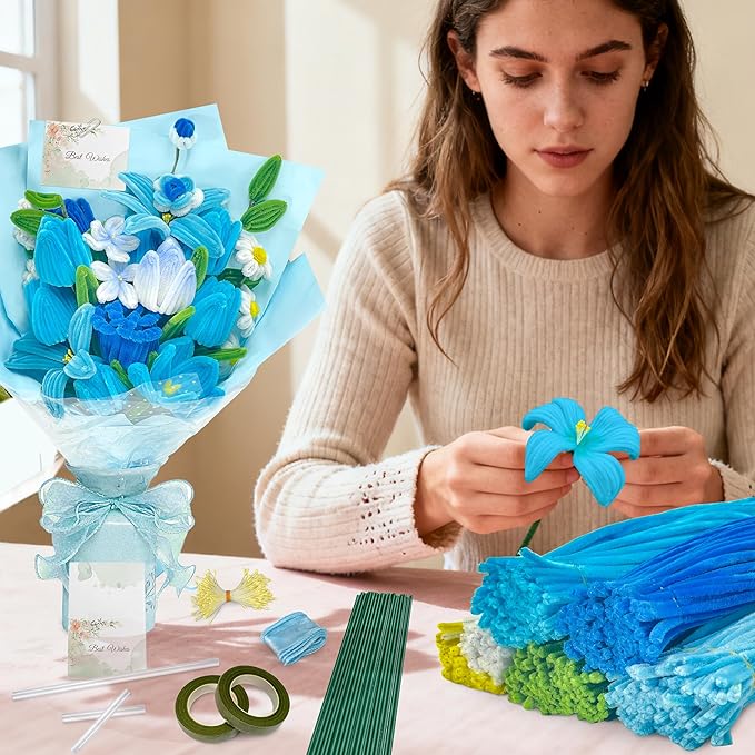 LINAYE 500 PCS Pipe Cleaners Craft, 6 Colors Pipe Cleaners Flowers Kit, Chenille Stems for Crafts with Instruction Wrapping Paper, Flower Stamens, Stems Art and Craft Supplies Blue