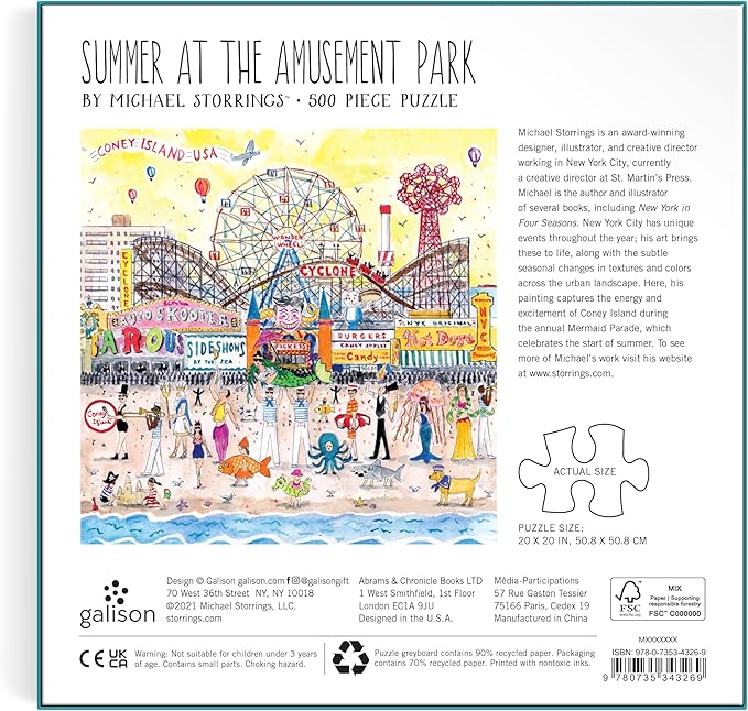 Galison Michael Storrings 500 Piece Jigsaw Puzzle for Families, Summer at The Amusement Park Scene, Great Family Puzzle to Enjoy Together