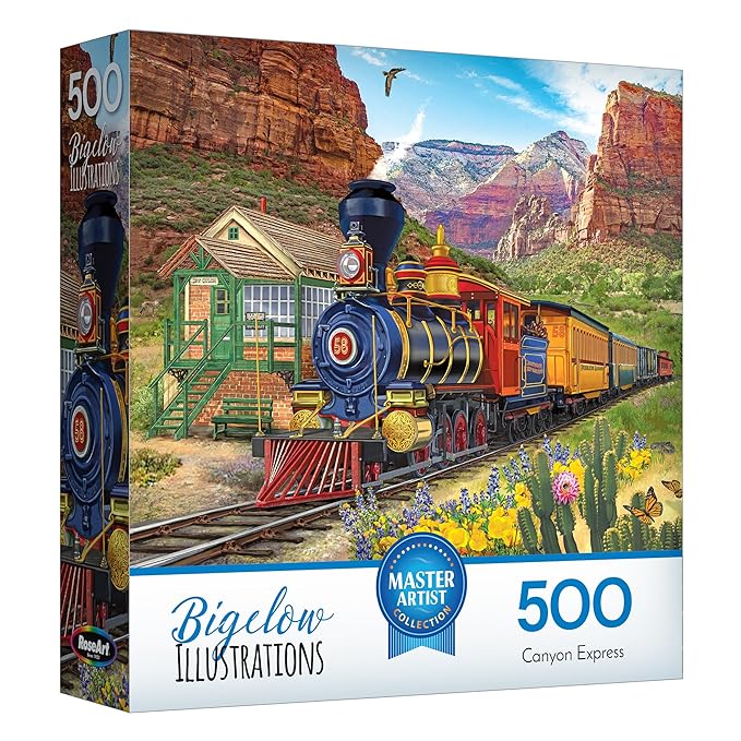 RoseArt - Chris Bigelow Illustrations - Canyon Express 500 Piece Jigsaw Puzzle - Colorful Country Train in Rural Desert Landscape – Adult Puzzle – Finished Size 18 x 24, Made in USA