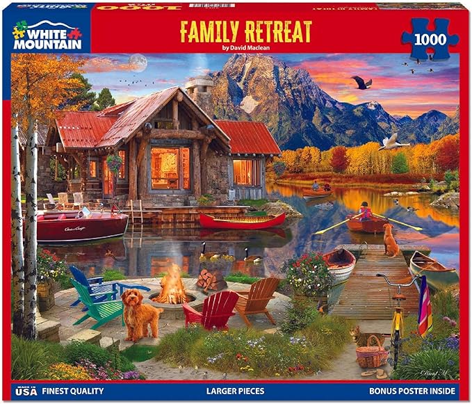 White Mountain 1000 Piece Jigsaw Puzzle Cabin Fall and Autumn Lake Scenic Puzzles Large Pieces Gift for Adults and Family 24"x30" - Family Retreat