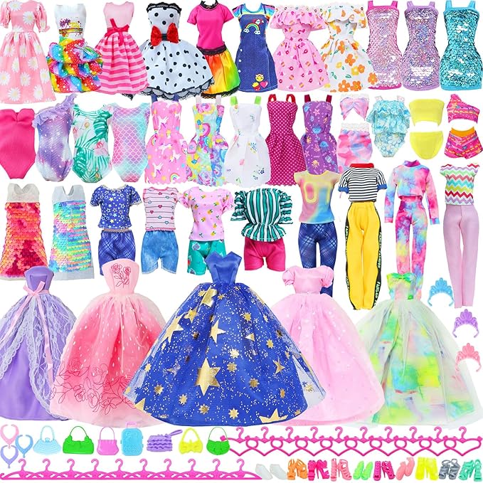 65 Pcs Doll Clothes and Accessories, 5 Fashion Dresses, 3 Wedding Gowns, 4 Outfits Top & Pant, 3 Swimsuits Bikini, 5 Slip Skirts, 20 Hangers, 20 Shoes, 5 Crowns for 11.5 Inch Girl Doll Clothing