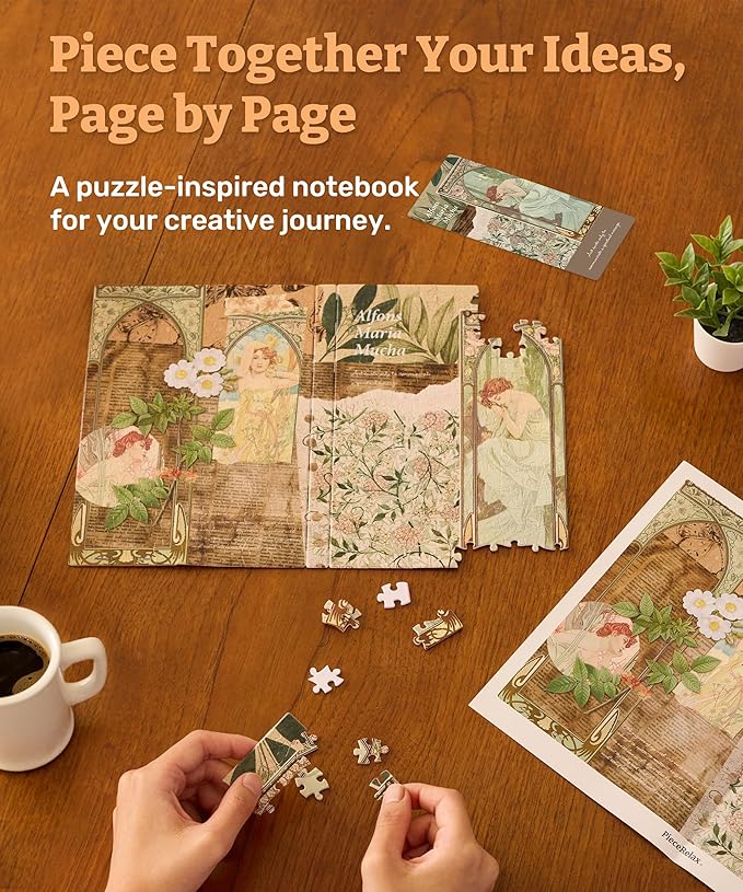 PieceRelax A5 3D Puzzle Journal for Adults, 300 Piece Plastic Jigsaw Book Cover (Includes Notebook) - Alphonse Mucha - The Times of the Day, Unique Gift [YA1059]