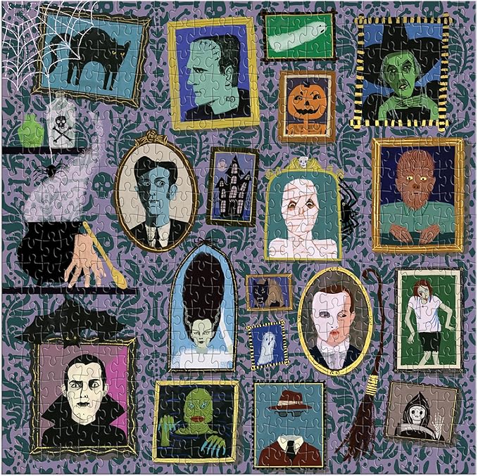 Galison Spooky Portraits – 500 Piece Foil Jigsaw Puzzle Featuring Scary Artwork of A Victorian Style Wall Filled Spooky Portraits with Gold Foil Accents