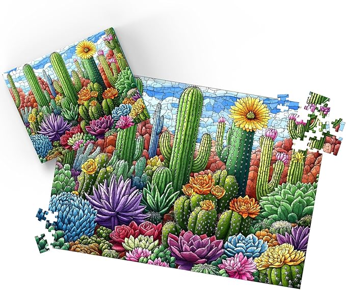 Puzzles for Adults 500 Pieces, Stained Glass Jigsaw Puzzles 500 Pieces - Cactus Garden, Cactus Wall Art Puzzle for Families, Finished Size 20.47 * 14.96”, with 1:1 Poster, Letter on the Back
