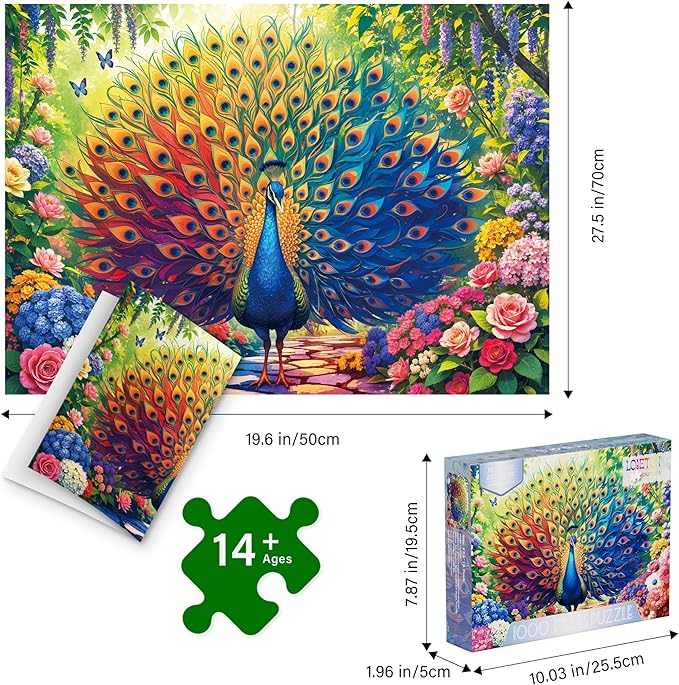 Colorful Peacock Artwork Puzzles for Adults 1000 Pieces, Perfectly Letter on Back No Dust, Rainbow Peacock Artwork Jigsaw Puzzle Animal Lovers, Challenging Puzzle Perfect for Game Nights