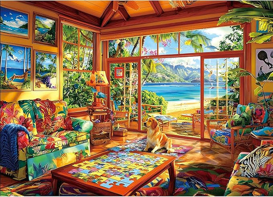Tropical Living Room 1000 Piece Jigsaw Puzzle for Adults Beach View Scene Vibrant Palm Trees and Ocean Scenery Adult Puzzles 1000 Pieces Games Gift for Game Night (27.6"x19.7")