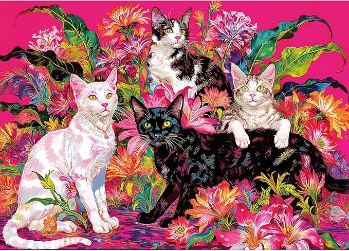 Spring Cat & Flower 1000 Piece Puzzles for Adults Clearance, Colorful Fun Puzzles for Adults 1000 Pieces with HD Print & Poster, 27.5" X 19.7" Dust Free, for Gifts Halloween Christmas Family Games