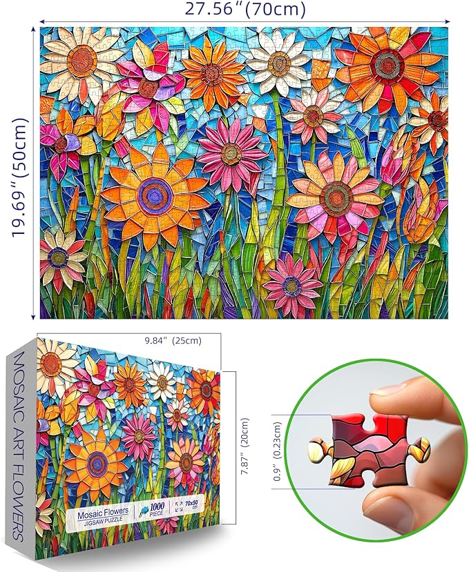 MINIWAN Stained Glass Mosaic Colorful Sunflowers 1000 Piece Jigsaw Puzzle for Adults, Vibrant Mosaic Glass Floral Jigsaw Puzzle, Gift for Flower & Art Lovers 27.5x19.7 Inch