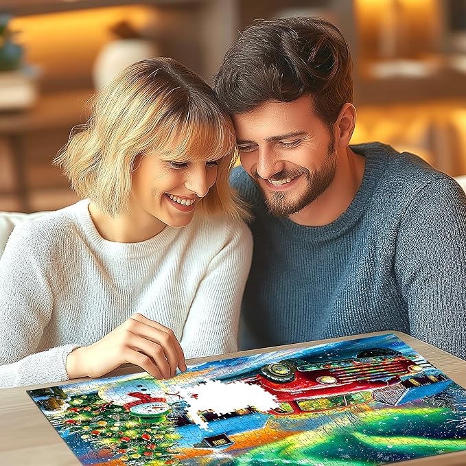 Winter Christmas Holiday Puzzle 1000 Pieces for Adults, Snowy Village Scene with Classic Red Car, Snowman, Cozy Christmas Jigsaw Puzzle for Family Gatherings