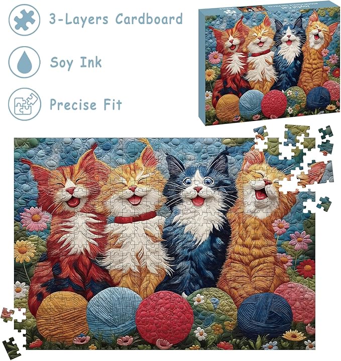Puzzles for Adults 500 Pieces - Joyful Cat, Quilted Patchwork Artwork Style, Impossible Cat Jigsaw Puzzles, Finished Size 20.47 * 14.96”, with 1:1 Poster, Letter on The Back