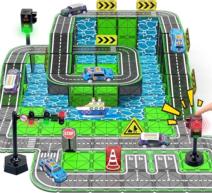 Magnetic Tiles Road Set with Pullback Car & Magnet Ship,Traffic Themed Magnetic Building Tiles Set with Traffic Light,STEM Magnet Tile for Kids Ages 3-5 4-8 5-7,Preschool Educational Kids Toys Gifts