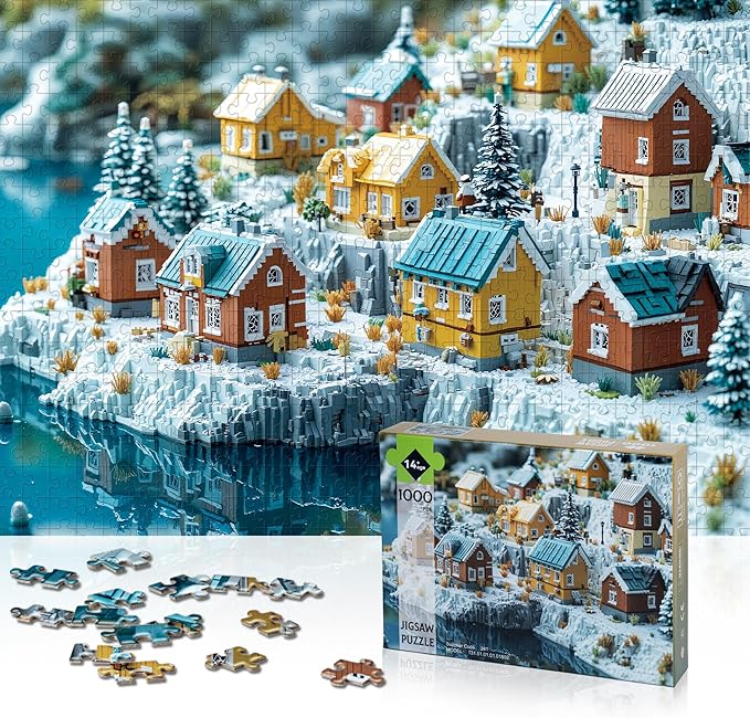 Christmas Puzzles for Adults 1000 Pieces, Winter Norway Iceland Block Town, 3D Nature Landscape 1000 Piece Puzzle for Adults Seniors, Jigsaw Puzzles with Letters on Back, fun Gifts, 1:1 Poster