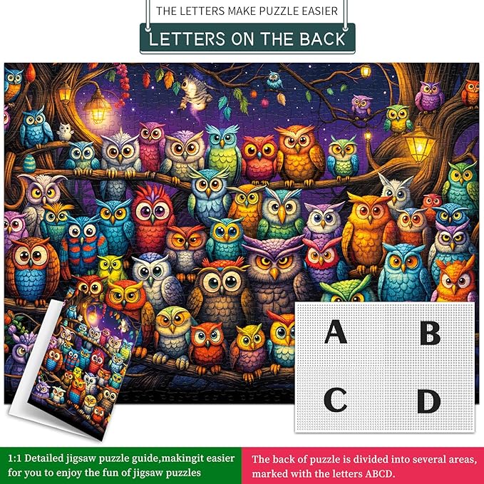 Owl Family Puzzles for Adults 1000 Pieces, Letters on Back, Impossible Hard Difficult Challenging, Precise Interlocking Pieces, Home Wall Decoration & Ideal Gift