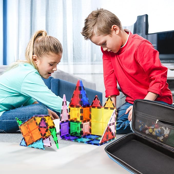 PicassoTiles 101 PCs Magnetic Tiles Building Block with Storage Case Included Bold Colors Travel Carry Case Construction Set for Boys & Girls Great Gift Preschool Kindergarten Montessori Playing Toys