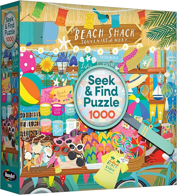 RoseArt - Seek & Find - Beach Souvenir Shop - 1000 Piece Jigsaw Puzzle for Adults, Hidden Object Puzzle, Coastal Gift Shop Scene, Premium Puzzle with Bonus Poster