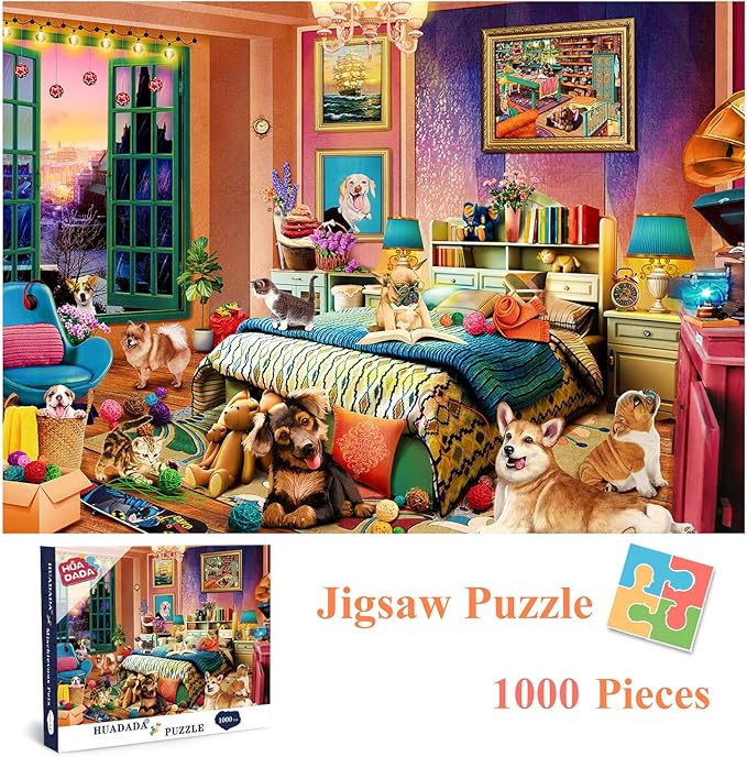 HUADADA Jigsaw Puzzles for Adults 1000 Pieces, Pets Room Interlock Perfectly Letter on Back No Dust, Home Decor Birthday Party Toy for Men Women Elders Seniors (27.5"x19.6"), 1:1 Poster