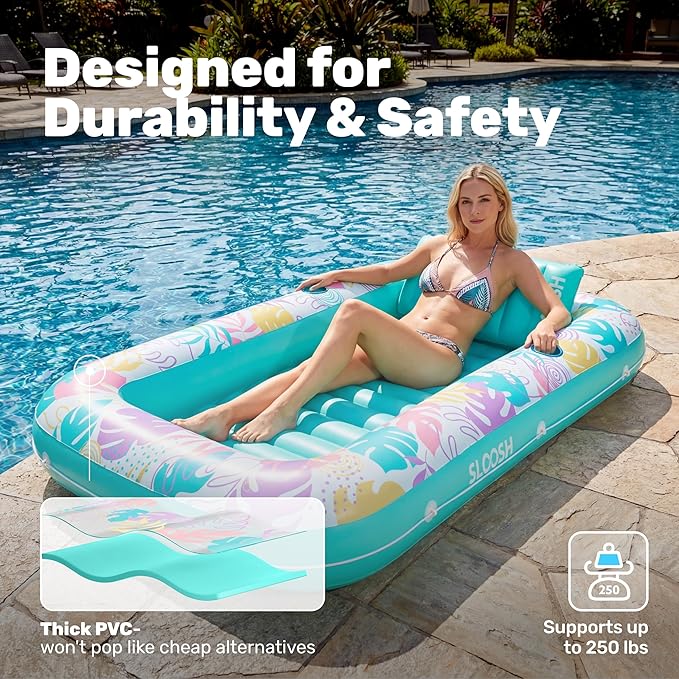SLOOSH Inflatable Tanning Pool Lounger Float, 70" x 46" Pool Floats Adult with Pillow, 4 in 1 Suntan Tub Raft Floatie,Sunbathing Bed Lounge for Water Blow Up Ball Pit Party Gifts, L-Tropical Blue