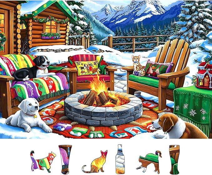 Blueforest 500 Piece Puzzle for Adults, Winter Cabin Fire Pit Jigsaw Puzzle - Dogs, Cat & Cozy Outdoor Seating, 23x15 Inch Art Puzzle