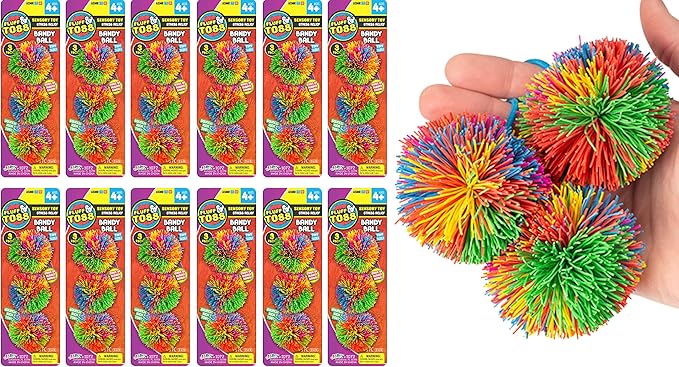 JA-RU Fluff & Toss Mini Stringy Balls for Kids (12 Pack, 3 Each) Sensory Stress Toys With Soft Rubber Strings. Silent Fidget Toys. Bulk Party Favors. 1072-12s
