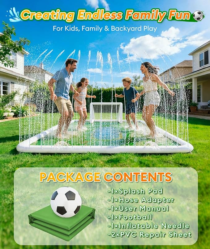 EPN Splash Pad for Kids & Dogs, 118 x138 Extra Large Thicker & Non-Slip Sprinkler Pad, Outdoor Water Toy with Soccer Goal & Ball, Backyard Play Mat Splash Pool for Lawn Garden Summer Fun Age 4-12