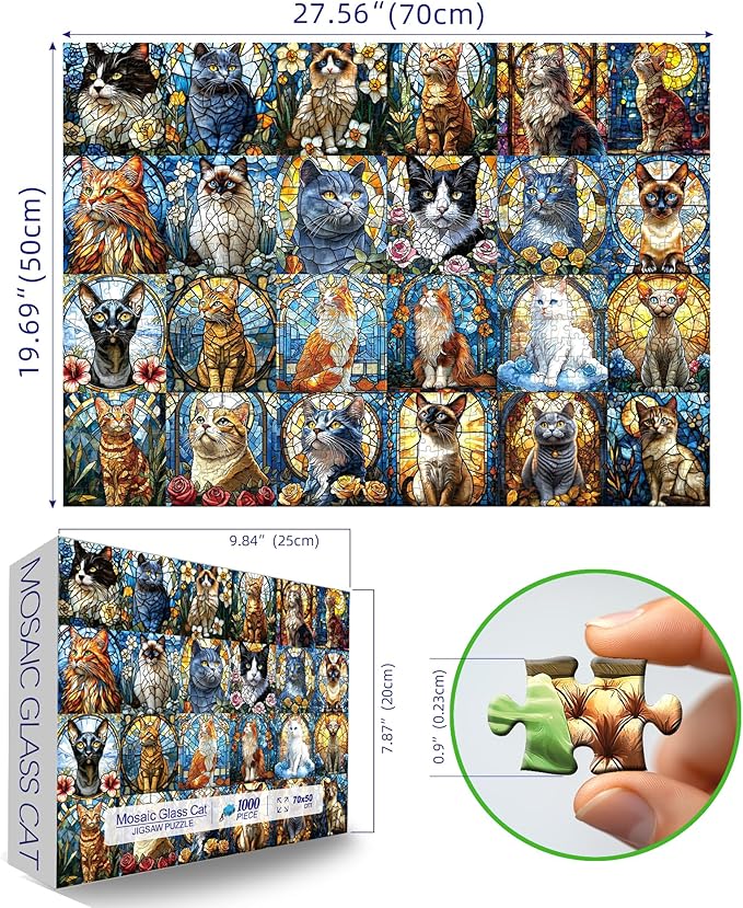 Blueforest 1000 Piece Puzzle for Adults - Stained Glass Cats Mosaic Art Jigsaw Puzzle with Poster, Game Night Gift (27.6x19.7 Inch)