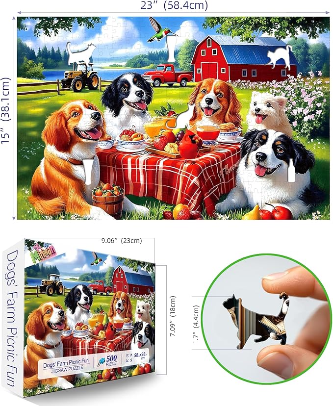 Spring Dogs Farm Picnic 500 Piece Puzzle for Adults, Fun Puzzles for Adults 500 Pieces with HD Print & Poster, 23" X 15" Dust Free, for Gifts Halloween Christmas Family Games Lovers