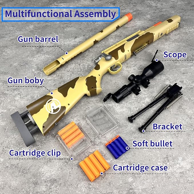 AGM MASTECH M24 Foam Blaster, Shell Ejecting, Safety Switch, Adjustable Stock 41.8 Inch, Fast Dart Loader, Scope, 40 Darts, 20 Casings, 2 Mags, Tactical Gear for Teens 14+ Adults(Yellow)