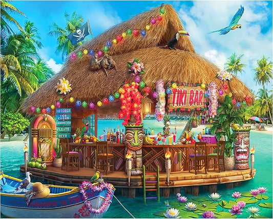 White Mountain 1000 Piece Jigsaw Puzzle Fun Coastal Summer Puzzles with Large Pieces Gift for Adults and Family 24"x30" - Floating Tiki Bar