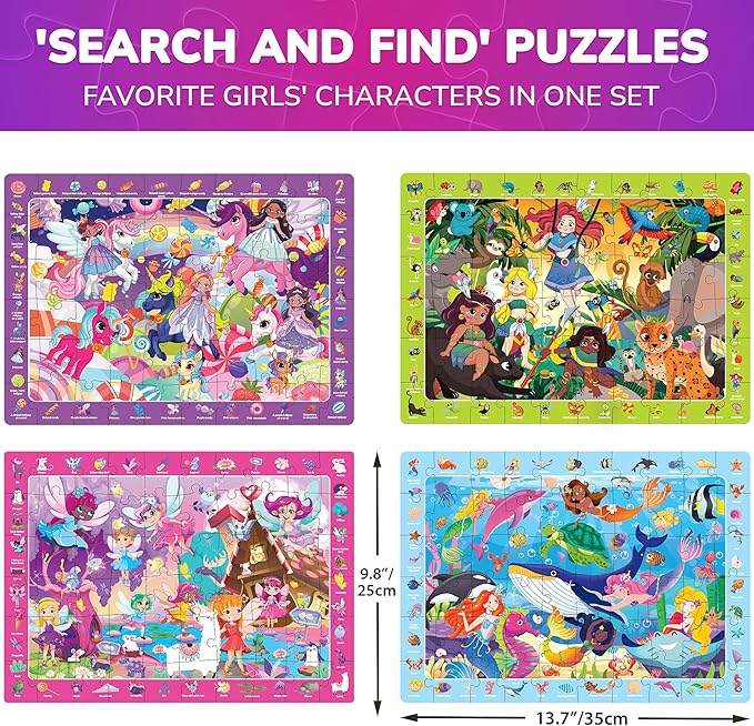 QUOKKA 100 Piece Puzzles for Kids Ages 4-6 – 4 Set Princess Puzzles for Kids Ages 6-8 – Search and Find Game with Unicorn, Mermaid, Fairy for Toddlers 3-5 – Learning Toy Gift for Boys and Girls