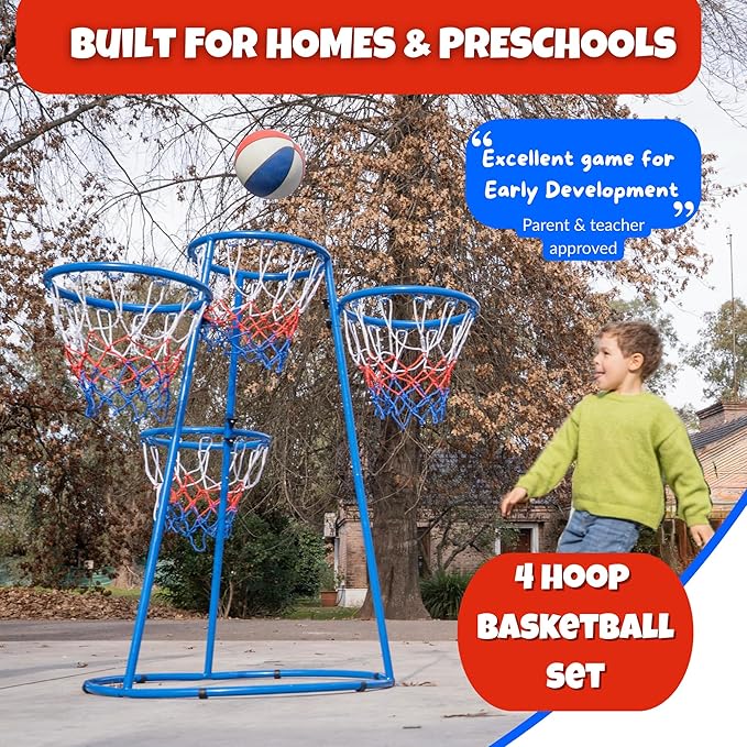 Activejoy- 4 Hoop Basketball Set - Toddler Basketball Hoop Indoor - Outdoor Play Preschool - +3 Years Old Toy. Includes 2 Balls and air Pump