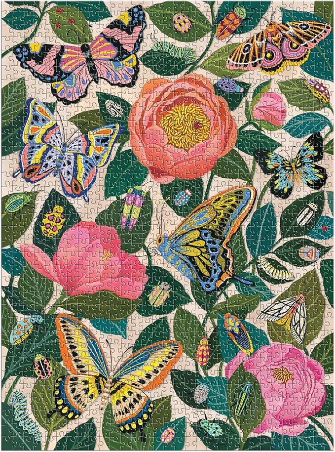 Galison Between The Blooms – 1000 Piece Foil Jigsaw Puzzle Featuring Beautiful Artwork of Butterflies Nestled in Blooming Flowers