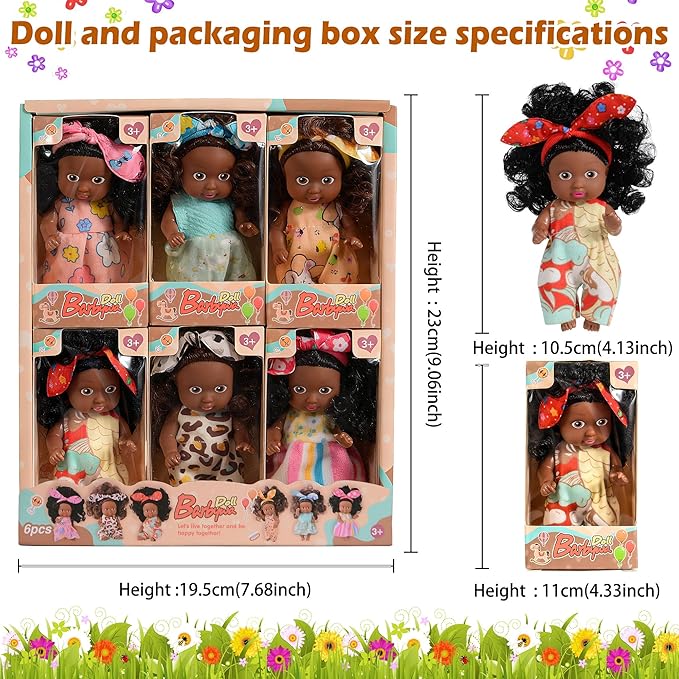 dollbie Adorable 6 Pack African Girl Dolls - Posable 4-Inch African American Dolls with Curly Hair & Stylish Outfits