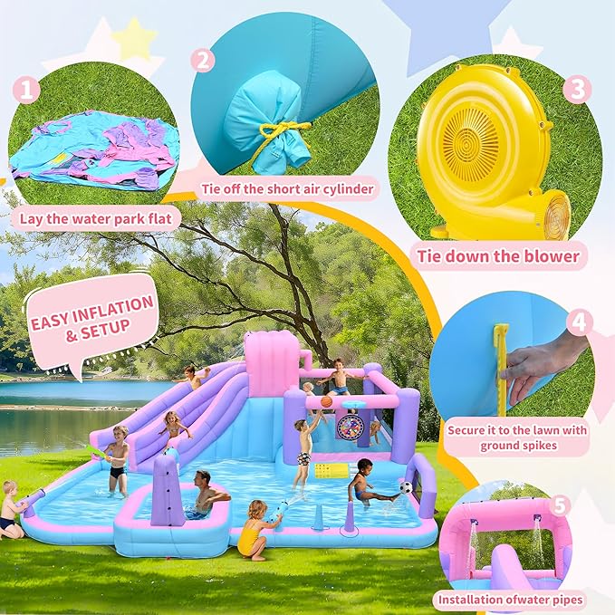 10-in-1 Inflatable Water Slide for Kids Giant 19.3Ft x 16.6Ft Backyard Water Park with Dual Slides, Deep Pool, Outdoor Bounce House Water Slide with Sports Zone, Includes 850W Blower