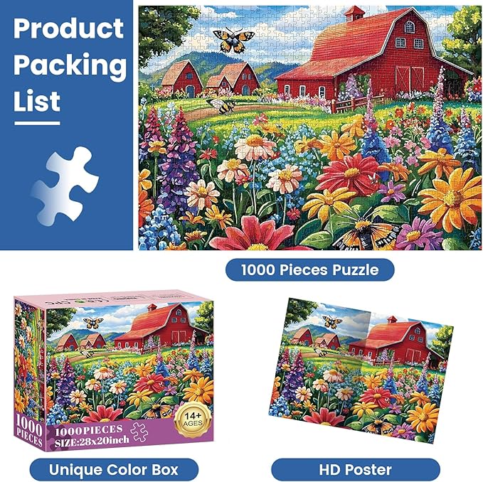 1000 Piece Puzzle for Adults, Honey Bee Farm Puzzles, Butterfly Flowers Garden Jigsaw Puzzles 1000 Pieces, Fun Landscape Puzzle for Adults Kids Seniors,Challenging Family Game Great Gift Idea,28*20 in