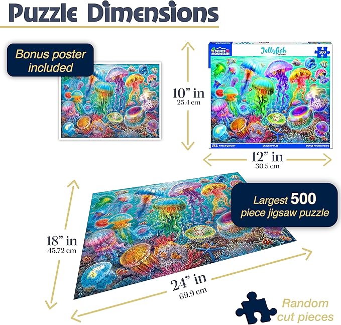 White Mountain 500 Piece Jigsaw Puzzle Beautiful Ocean Animal Puzzles with Large Pieces Gift for Adults 18"x24" - Jellyfish