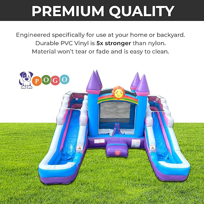 Crossover Purple Castle Double Water Slide Bounce House Combo, 16.5 x 15 x 11 Foot, PVC Vinyl Inflatable Bouncy House for Kids, Wet or Dry Slides, with Stakes and Storage Bag, Blower not Included