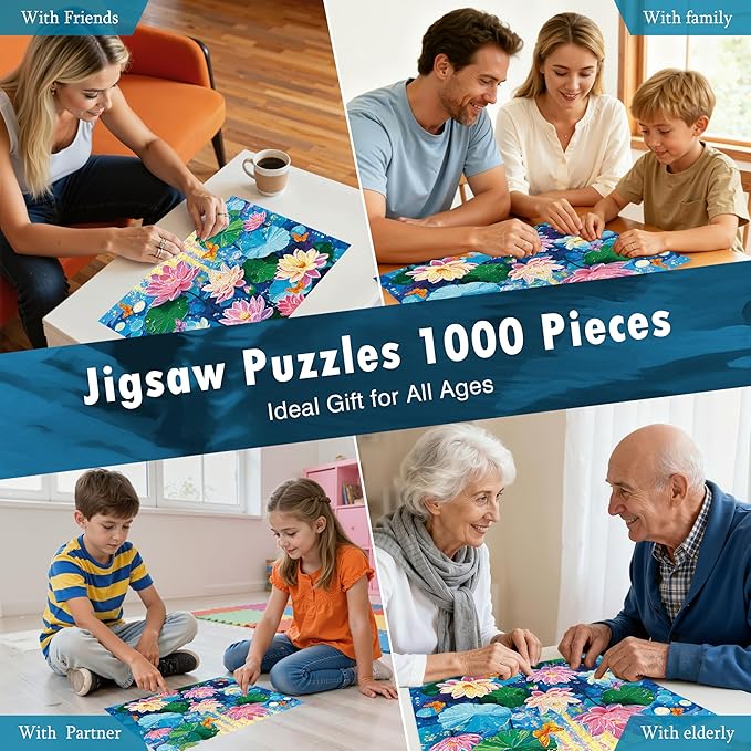 Puzzles for Adults 1000 Pieces - Colorful Dreamy Lotus, Acrylic Painting Impasto Flowers Adults Puzzles, Letter on Back No Dust, Matte Finish Aesthetic Lotus Puzzles Home Decor Birthday Gifts Games