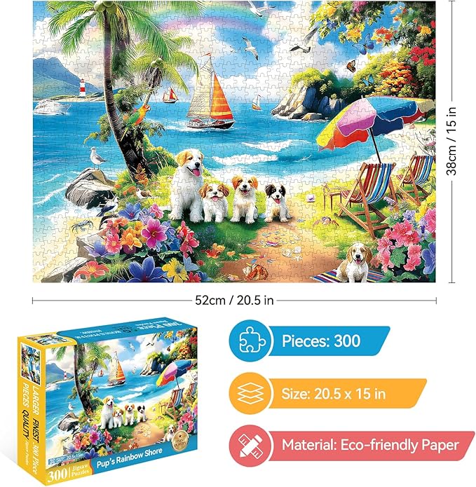 300 Piece Puzzles for Adults, 300 Piece Puzzles for Adults Large Piece, Beach Dogs Flowers Rainbow Jigsaw Puzzle, Challenging Puzzle Perfect for Game Nights, 20.5 X 15 in